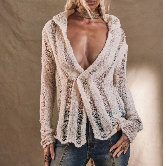 Cozy Cream Plunging Neck Shredded Semi Sheer Lightweight Cardigan - Picture 1 of 8